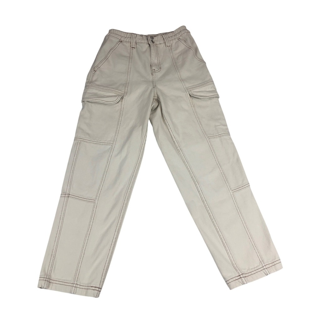 PacSun Womens Cream Bone Contrast Stitch Elastic Waist Cargo Pants Size M 27x26‎